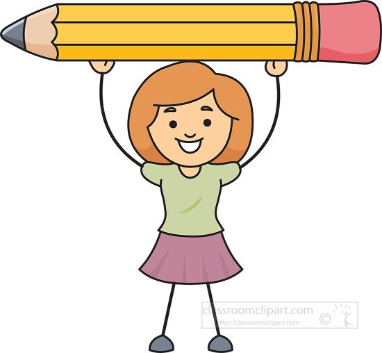 girl holding a large pencil over head