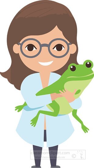 Girl Scientist holds a large green frog to prevent it from jumpi