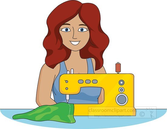 girl sitting at sewing machine clipart
