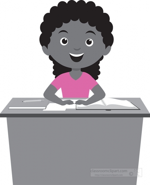 girl sitting on her desk in classroom school gray color clipart