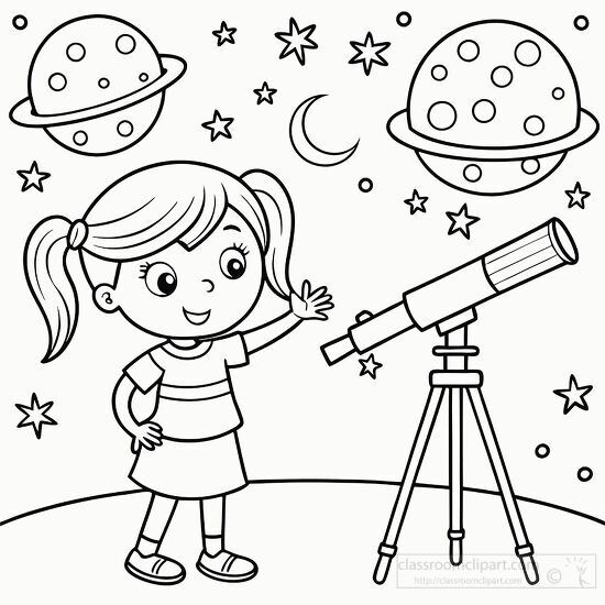 girl stands next to her telescope surrounded by stars and planet