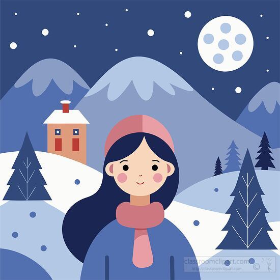 girl stands outside on a cold winter night with snowy mountains