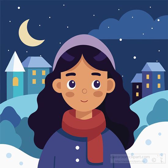 girl stands under a night sky with snow falling