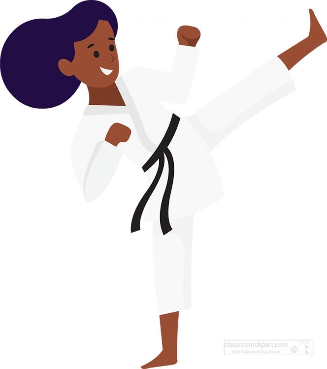 girl wearing black belt practices karate kick gray color clipart