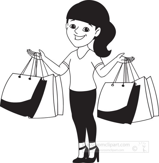Occupations Outline Clipart-girl with shopping bags black outline clipart