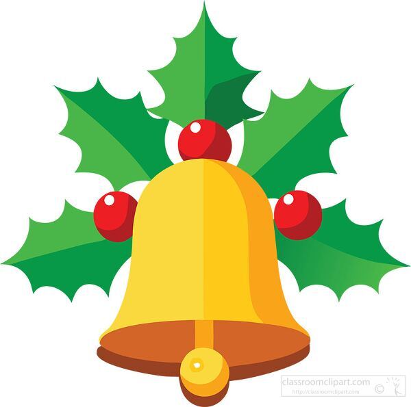 golden Christmas bell decorated with bright red berries and gree