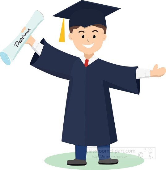 graduate wearing cap and gown smiling while holding diploma