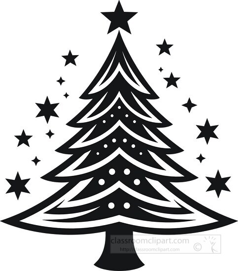 Graphic black Christmas tree with dotted and striped patterns
