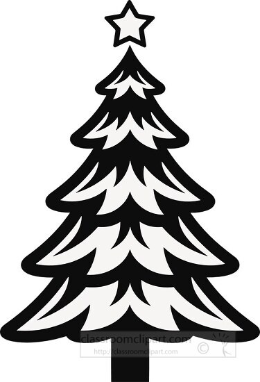Graphic Christmas tree with bold black outlines topped with a st