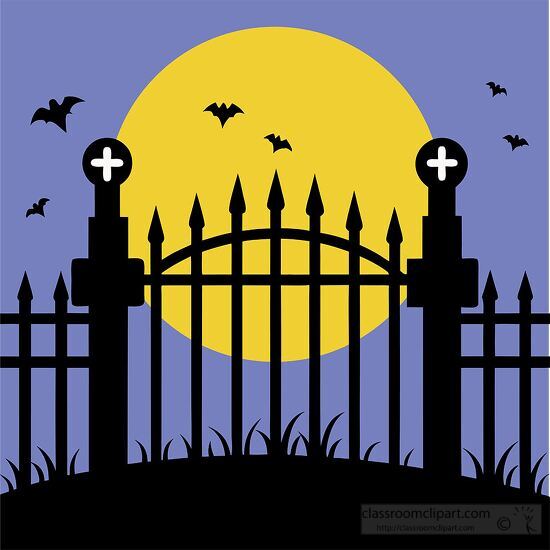 graveyard fence with pointed spires stands under a full moon