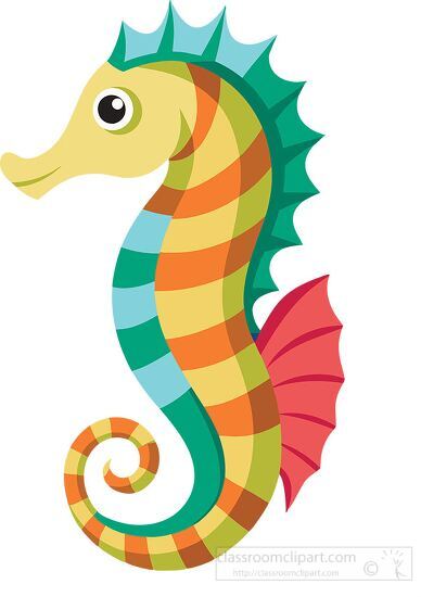 green and yellow seahorse with stripes and blue fins
