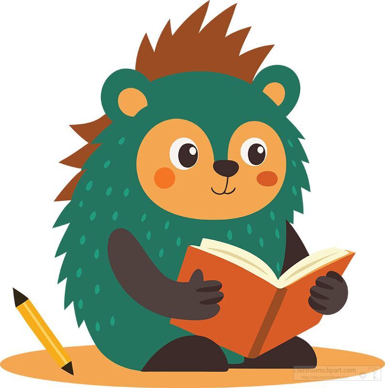 green cartoon porcupine holds a book with a yellow pencil