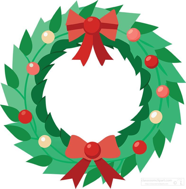 Green Christmas wreath with red ornaments and a red bow