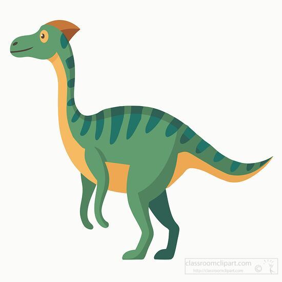 green corythosaurus like dinosaur with a long neck and tail featuring a brown crest on its head clipart