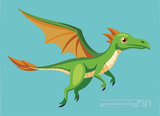 green flying dinosaur with wings open blue background