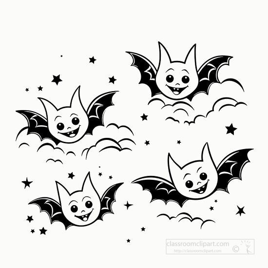 group of bats with smiling faces flying