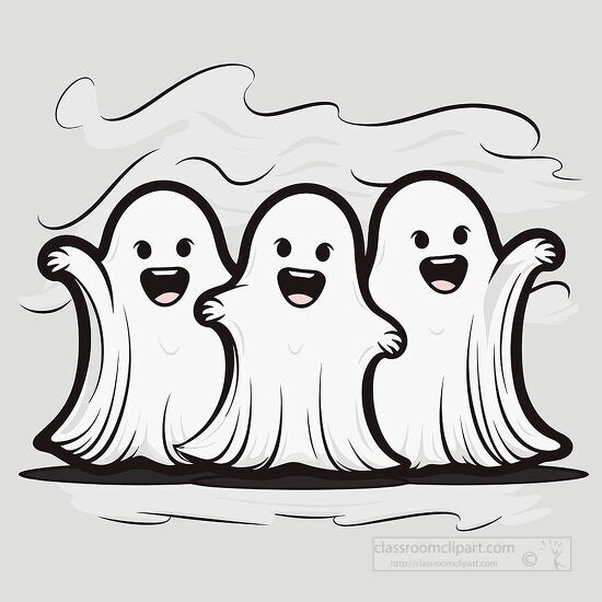 group of cheerful ghosts with big eyes and friendly smiles clipa