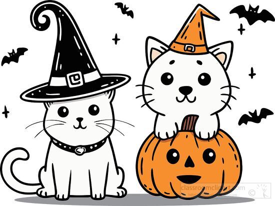 Halloween cats in witch hats are posing with pumpkins