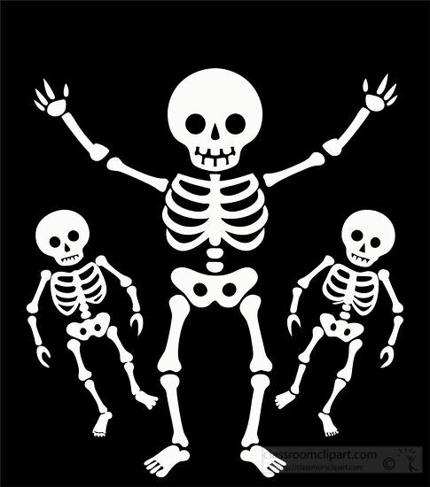 Halloween illustration of three skeletons waving and dancing