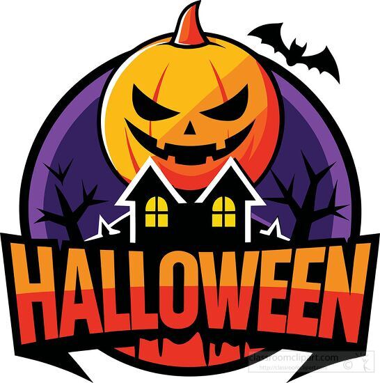 Halloween logo with spooky pumpkin and bats