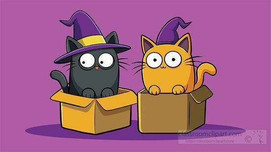 Halloween themed illustration of cats wearing witch hats sitting