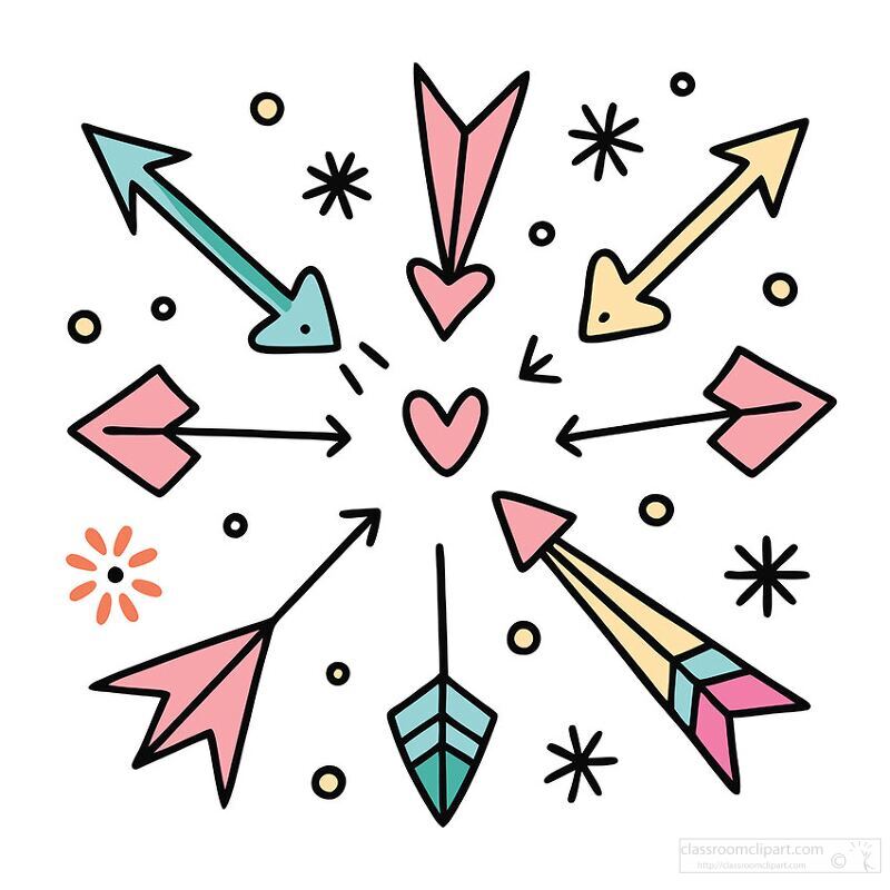 set of colorful hand drawn arrows pointing towards a central heart design clipart