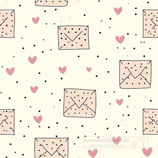 hand drawn envelopes and hearts scattered on a beige polka dot b