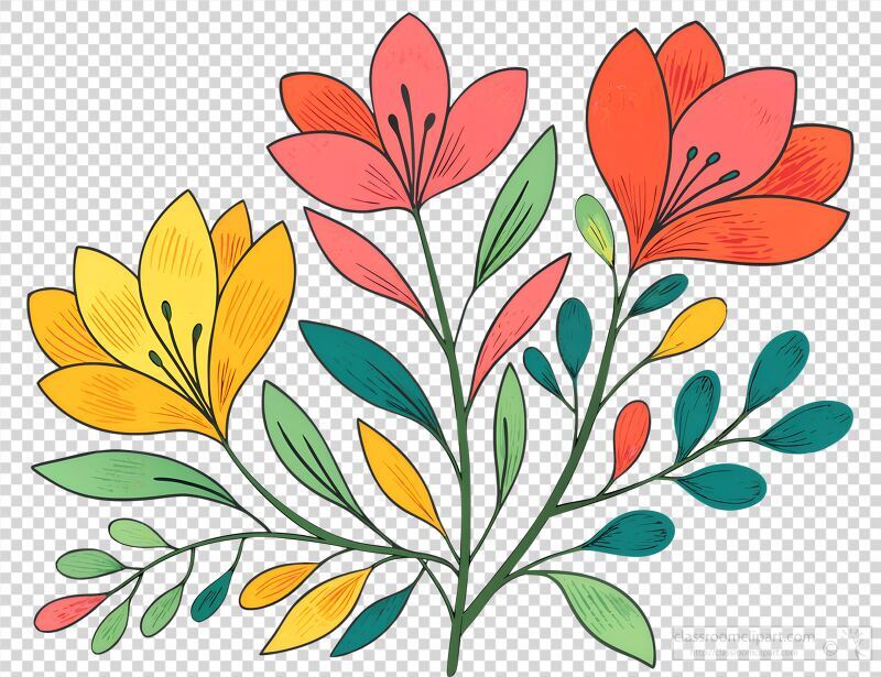 Hand-drawn colorful floral bouquet with red, orange, and yellow blossoms and green leaves. 