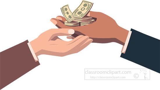 hand holding coins and paper money to pass on to another