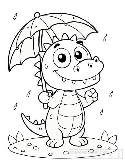 happy alligator holding an umbrella while it rains black outline