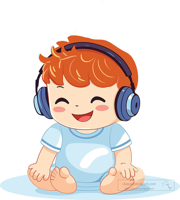 happy baby with a beaming smile enjoying music through child hea