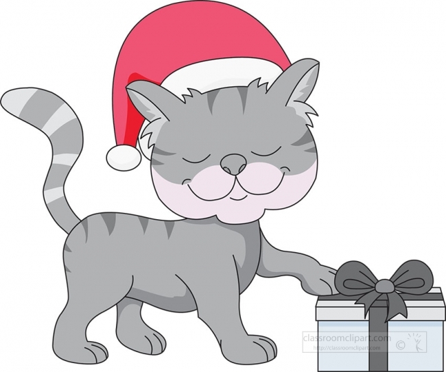 happy cat wearing xmas hat taking gift gray color clipart