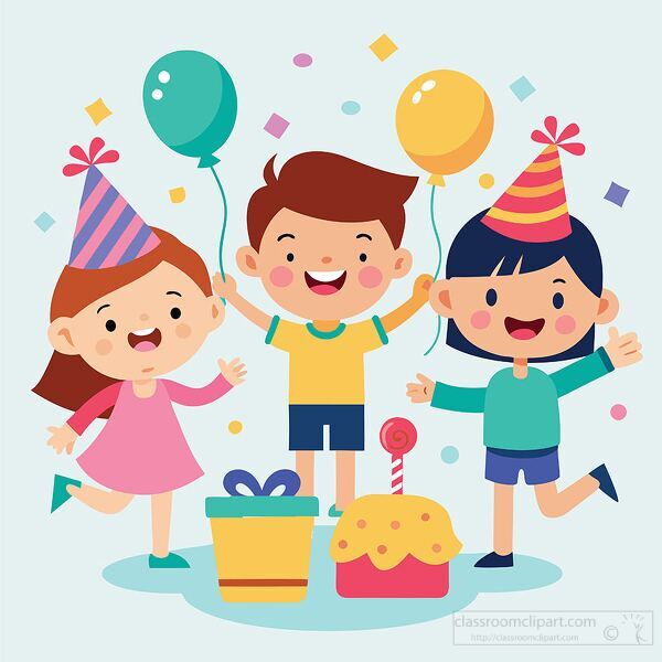 Happy children celebrating a birthday with fun balloons and hats