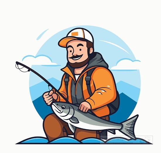 Fishing Clipart-happy fisherman in an orange jacket holding a