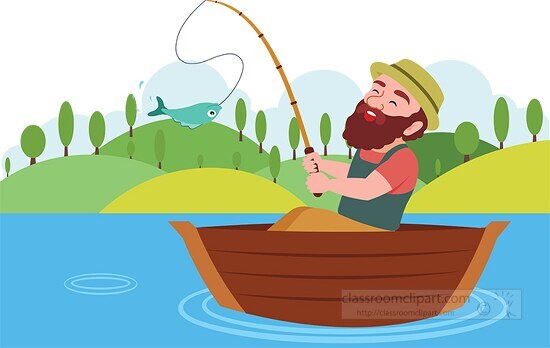 happy fisherman on boat fishing in lake clipart