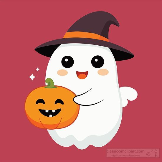 happy ghost wearing a witch hat holds a grinning pumpkin