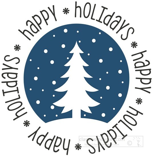 happy holidays text with blue background white christmas tree cl