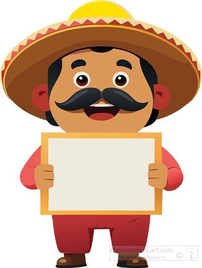 happy Mexican man with a large mustache presents an empty board 