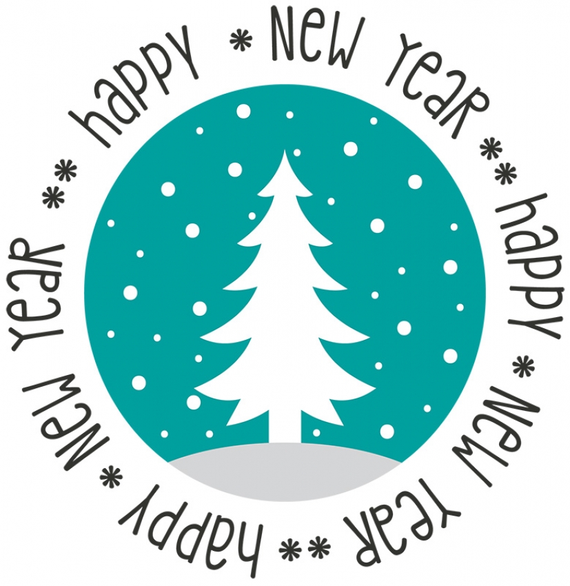 happy new year text with blue background white christmas tree cl