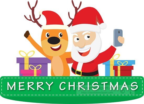 happy santa taking selfie with reindeer christmas clipart