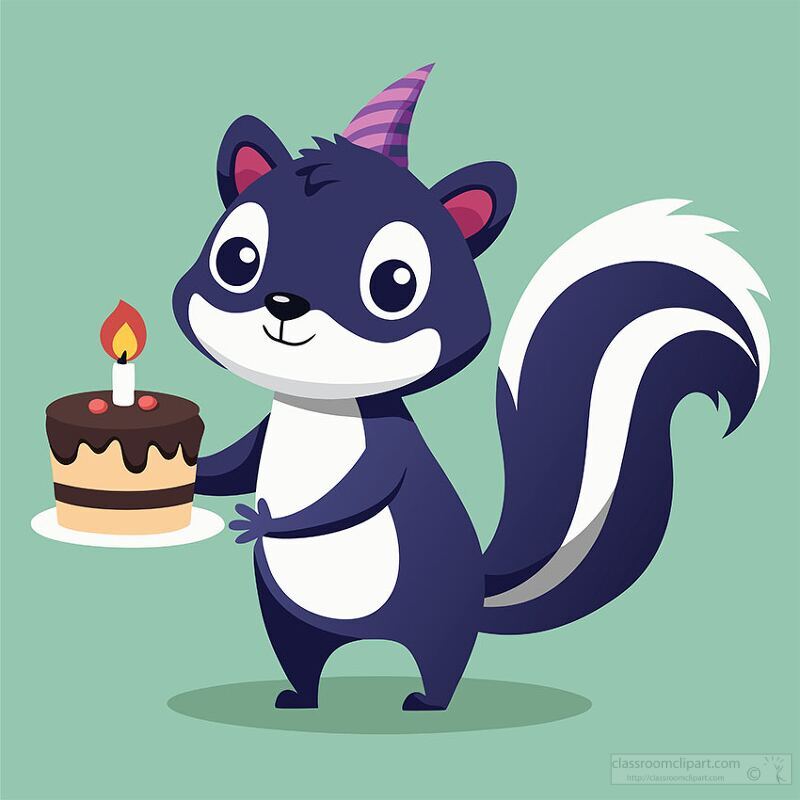 happy skunk with a striped party hat holds a chocolate birthday 