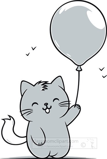 happy smiling gray cat holds a gray balloon