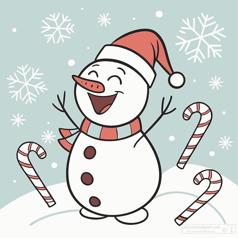 happy snowman with a Santa hat and scarf stands in falling snow