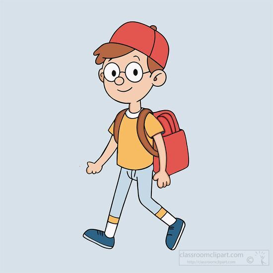 happy student wearing glasses carries his school backpack