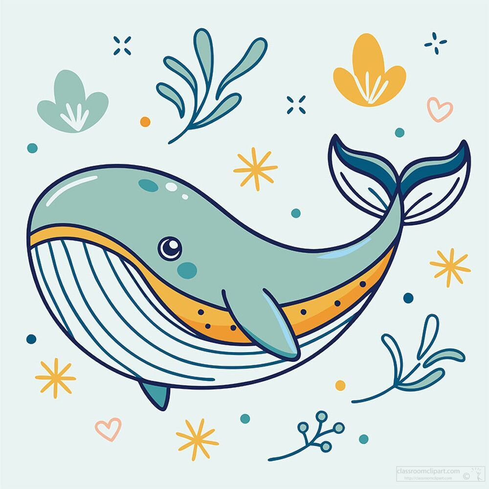 happy whale has a friendly look and swims