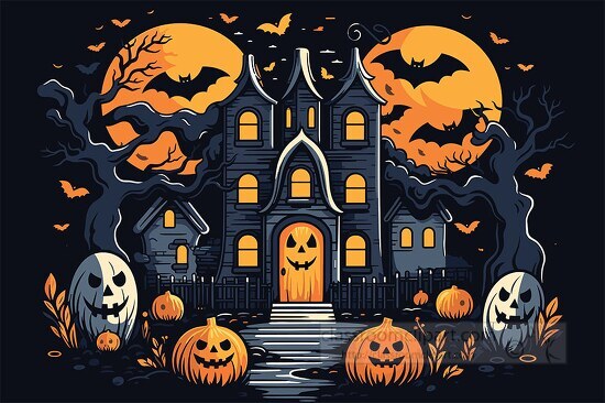 haunted house surrounded by bats and scary pumpkins in a hallowe