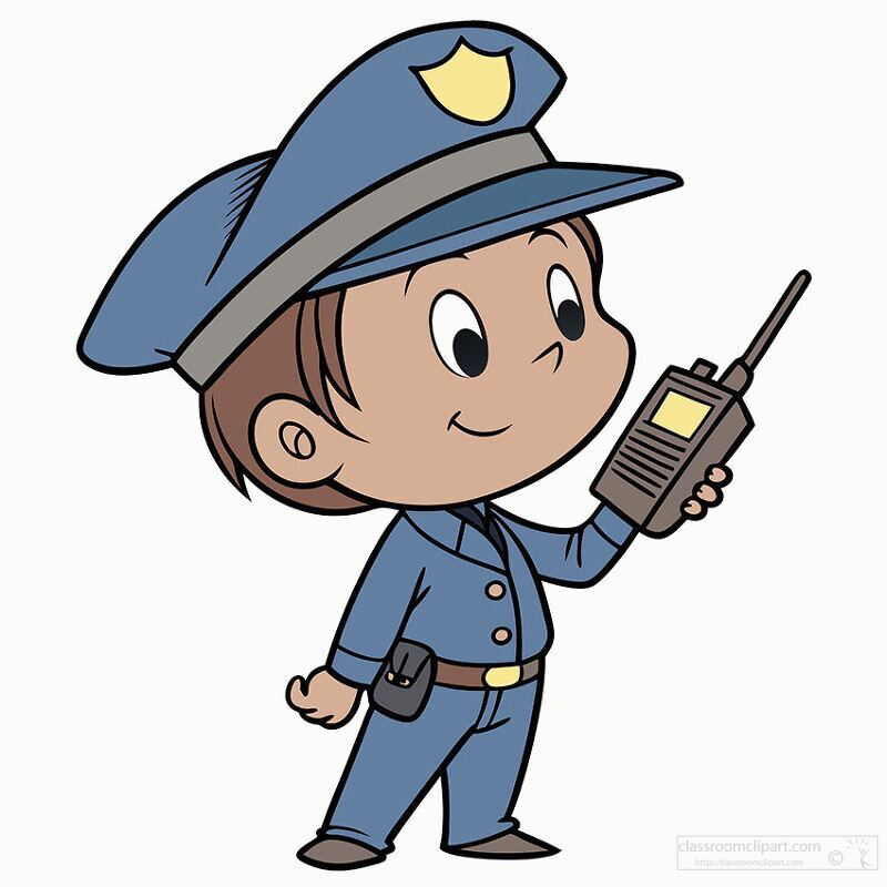 heerful cartoon police officer holding a walkie-talkie