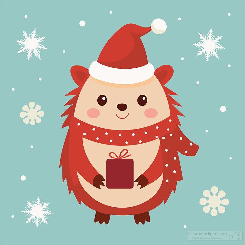 holiday hedgehog in a Santa hat holds a gift