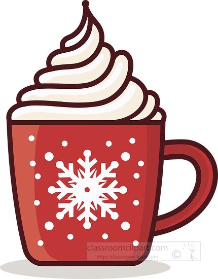 hot chocolate topped with whipped cream in a red decorated chris