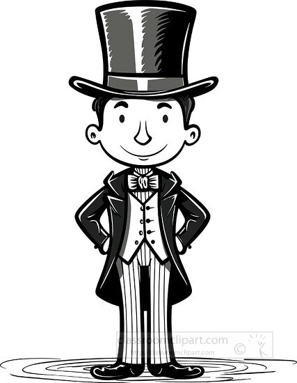 illustrated man in a top hat and formal attire stands smiling